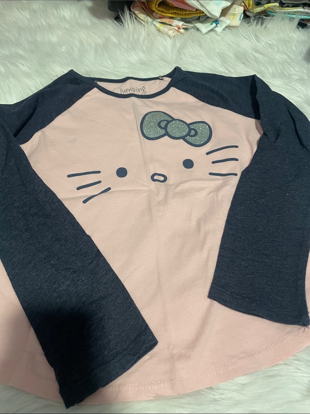 jumping beans Pink and Black Raglan Long Sleeve Top with Glitter Bow Graphic